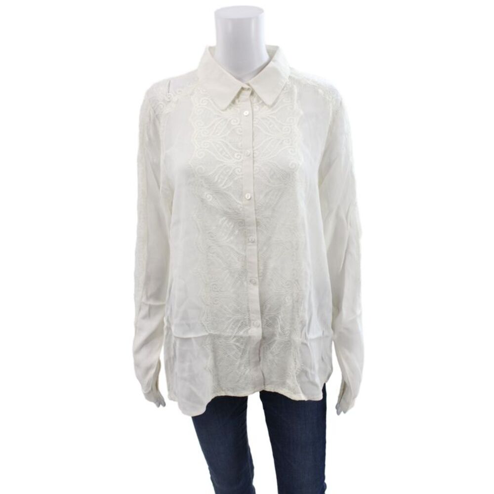Leo & Ugo Womens Bohemian Basic Collared Button Long Sleeve Blouse White Size 4